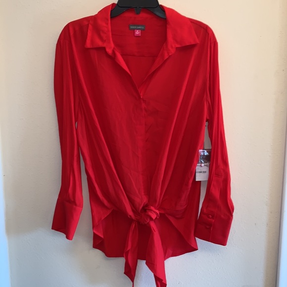 Vince Camuto Tie Front Button-Up Matte Satin Blouse in Bright Cherry, M ❤️ T16 - Picture 7 of 7